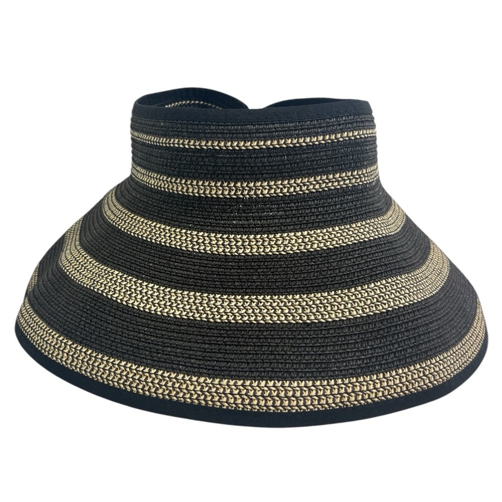 Magid Braided Straw Packable Roll-up Wide Brim Sun Visor Hat - Black/Tan Bow